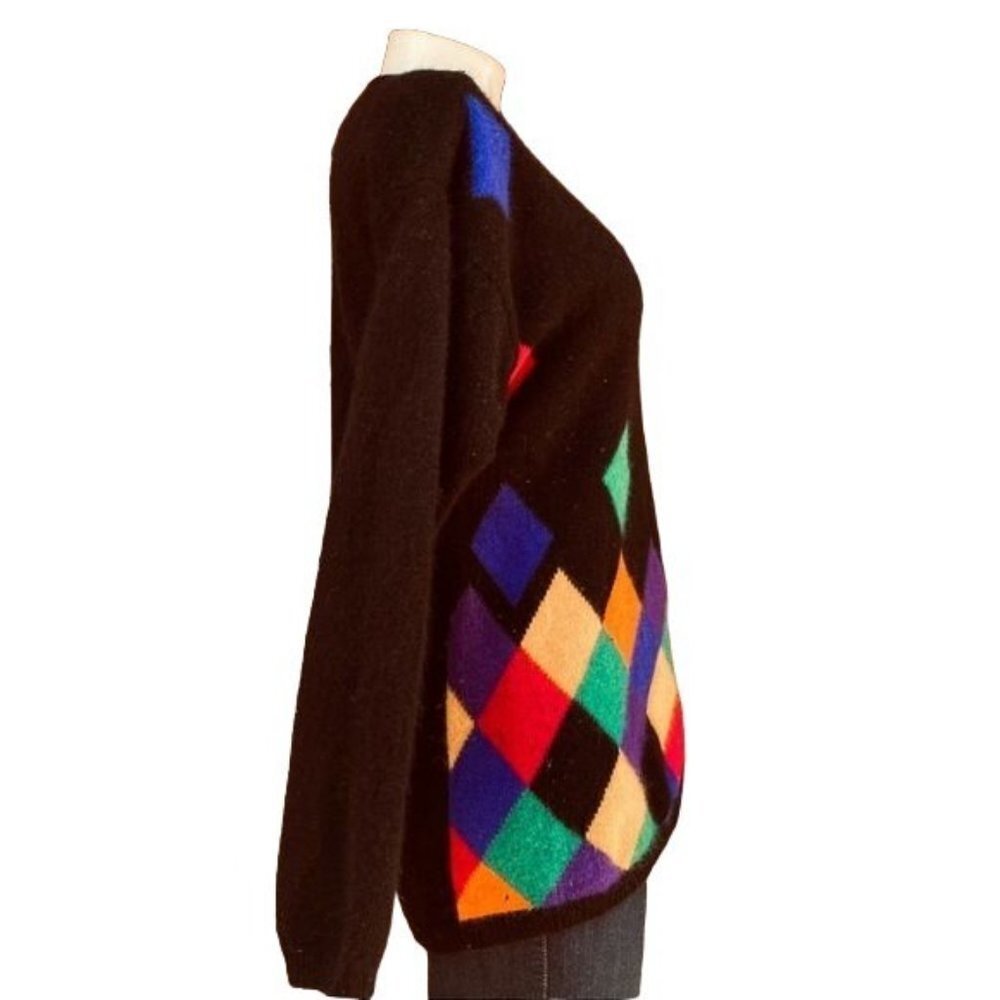 Vintage Casual Corner Wool Rabbit Sweater 90s Black Colorful Diamonds Size M - Picture 5 of 10